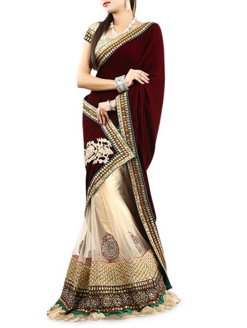 maroon and beige embroidered saree with blouse - 9734348 - Very Small Image - 1