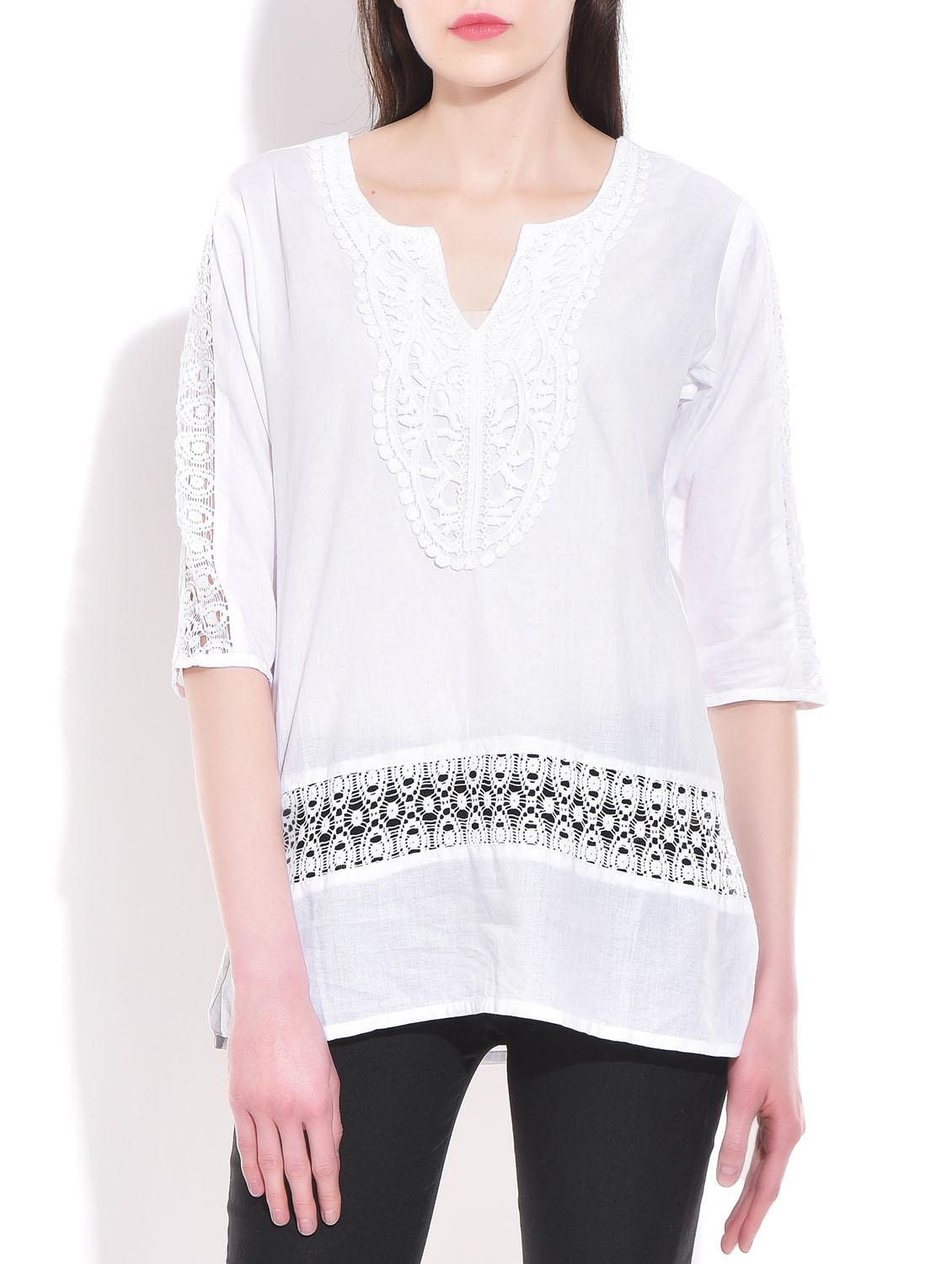 white colored, Cotton Embroidered Top - 9822139 - Zoom Image - 1
