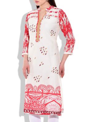 cream- red colored cotton printed kurta - 9899309 - Standard Image - 2