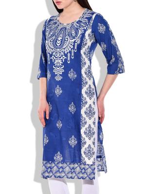 blue- white colored cotton printed kurta - 9899315 - Standard Image - 2