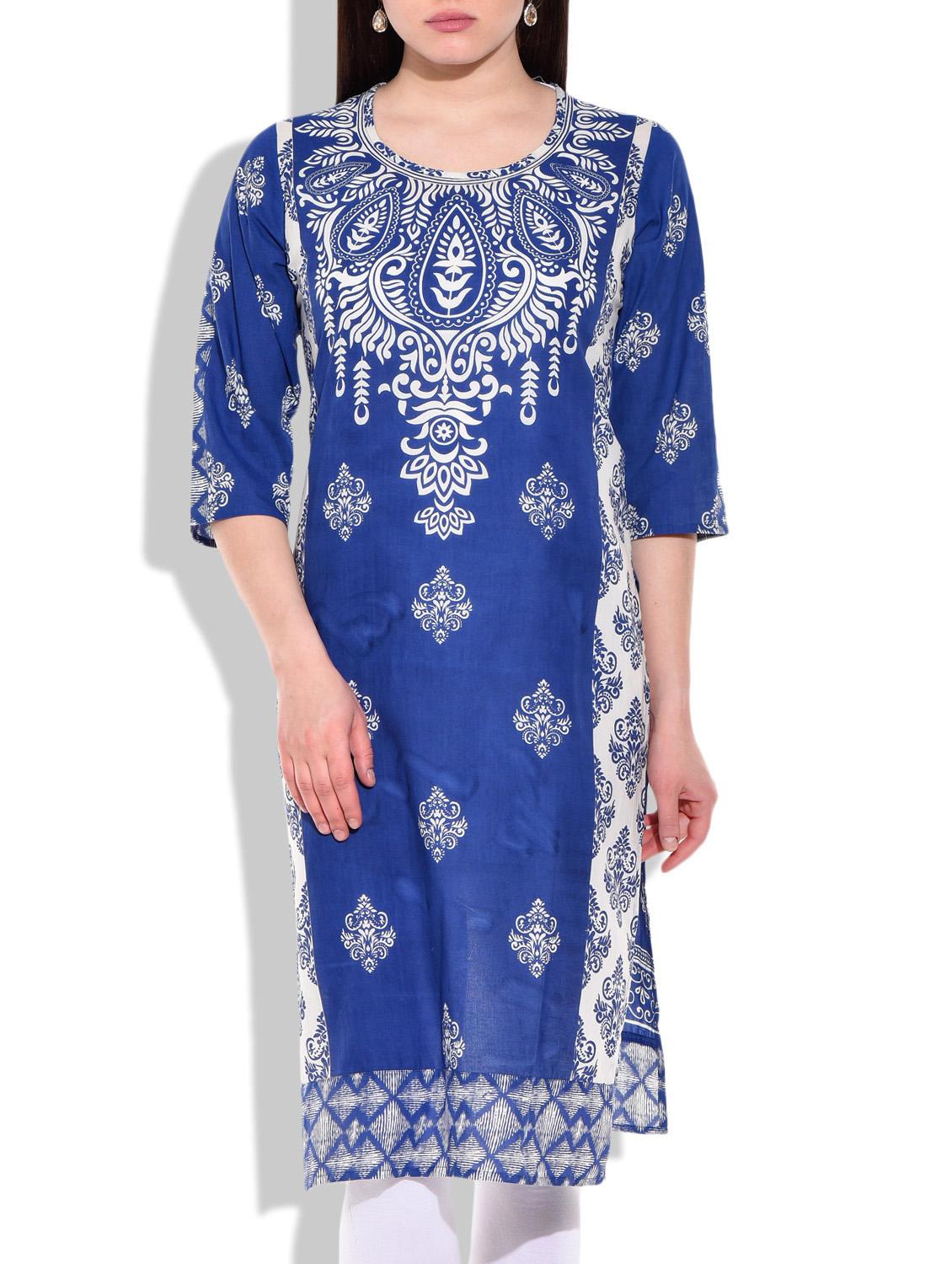 blue- white colored cotton printed kurta - 9899315 - Zoom Image - 1
