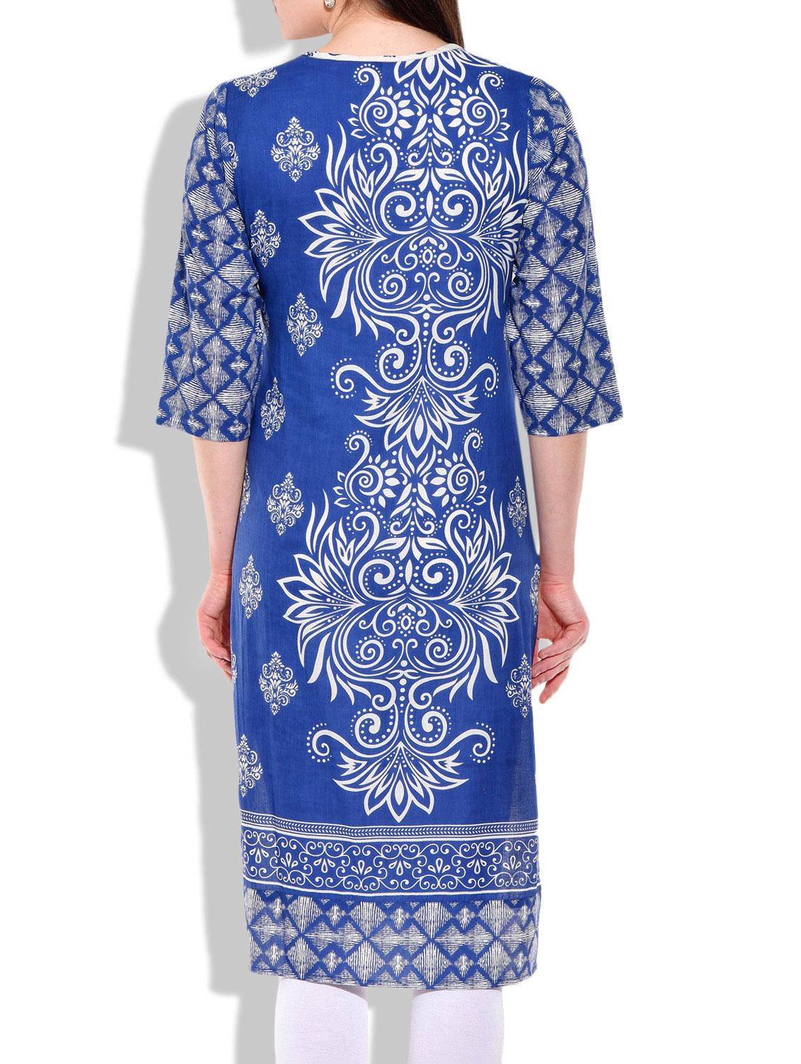 blue- white colored cotton printed kurta - 9899315 - Zoom Image - 3