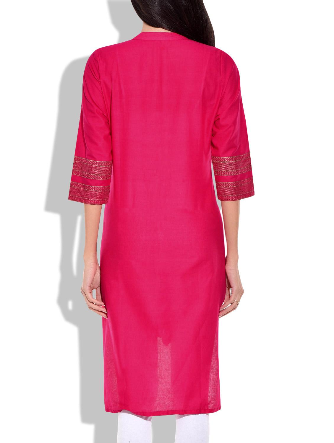 magenta cotton straight kurta - 9907988 - Zoom Image - 3