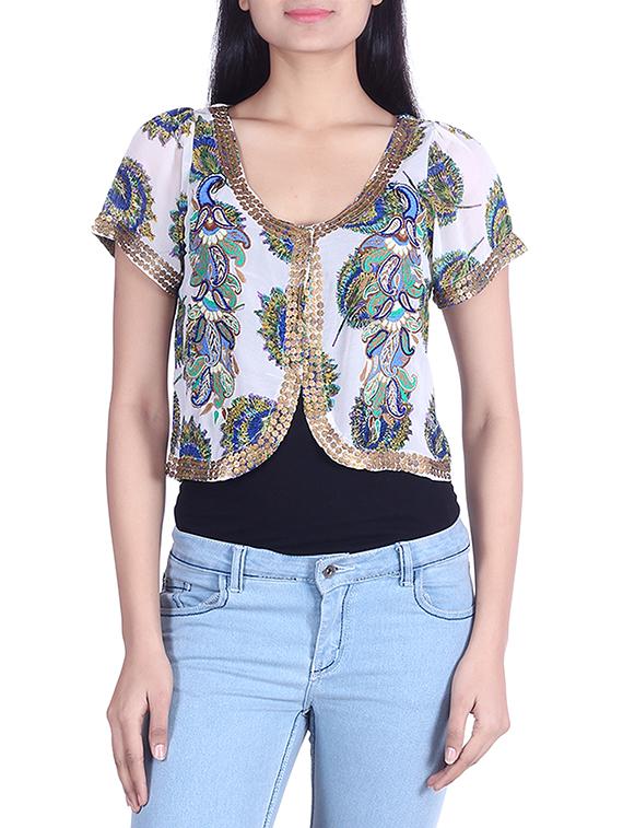 white peacock print georgette crop jacket - 9973665 - Zoom Image - 1