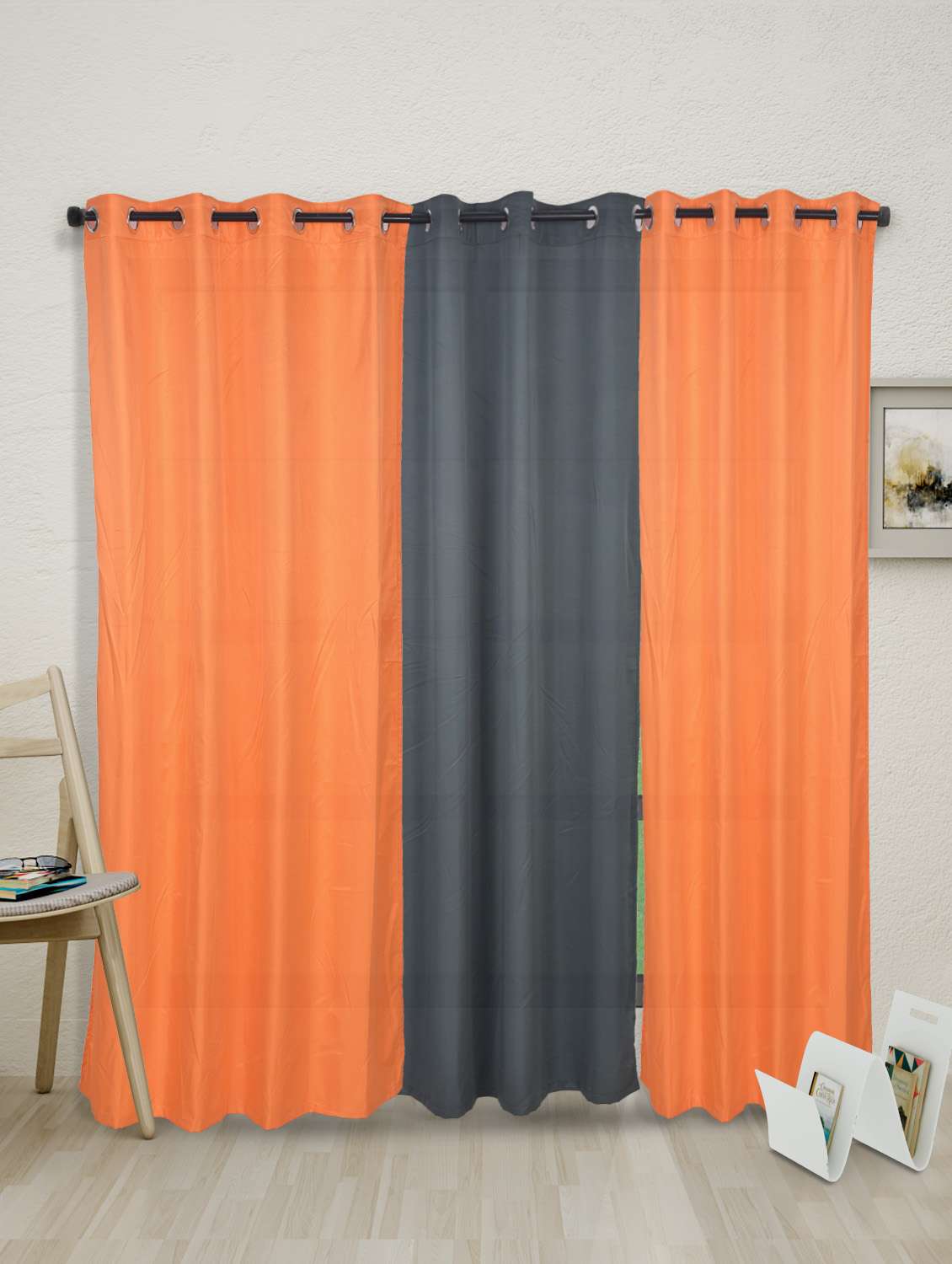 Buy Online Orange Plain Bonanza Set Of 3 Curtains From Curtains