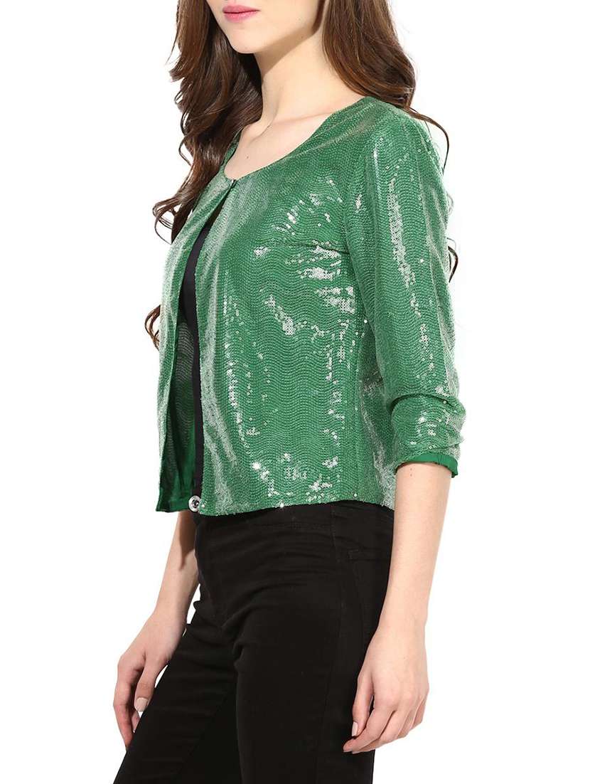 Buy online Solid Green Sequined Polyester Shrug from Capes & Shrugs for