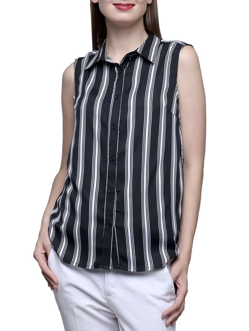 Black Striped Crepe Regular Shirt