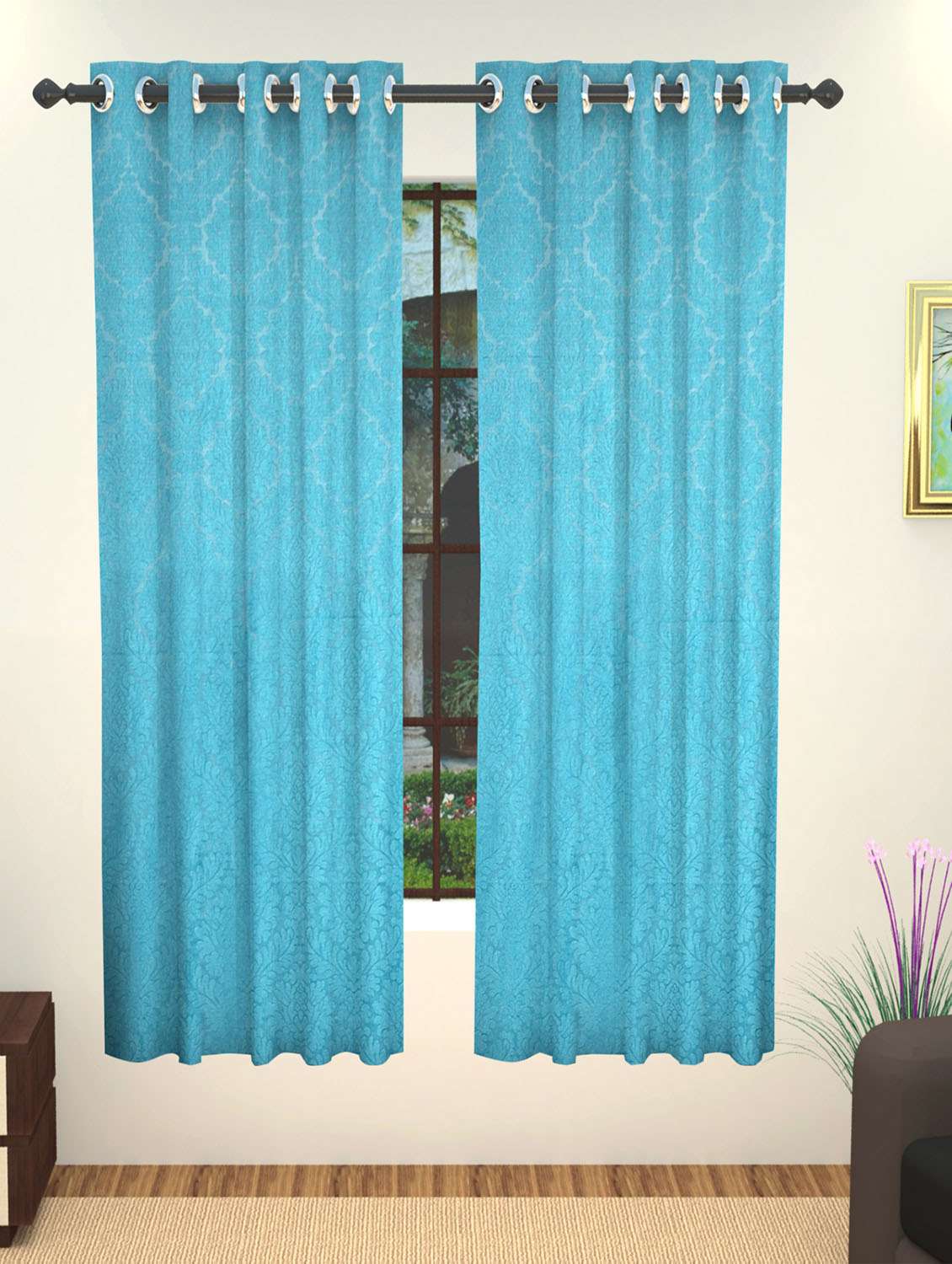 Buy Online Lushomes Embossed Blue Blueberry Curtain With 6 Plastic