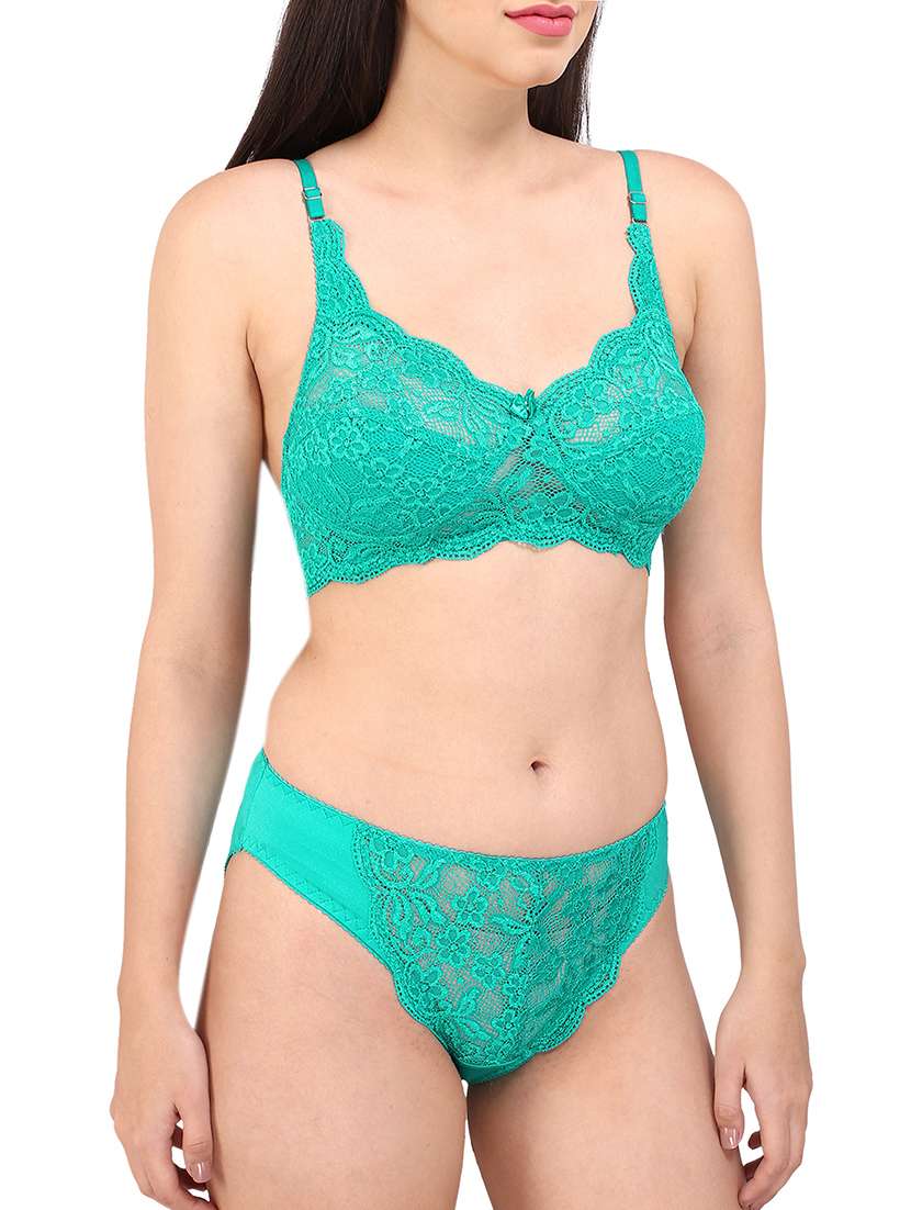Buy online Green Lace Bra And Panty Set from lingerie for Women by