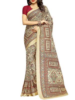 Buy online Beige Raw Silk Printed Saree from ethnic wear for Women by