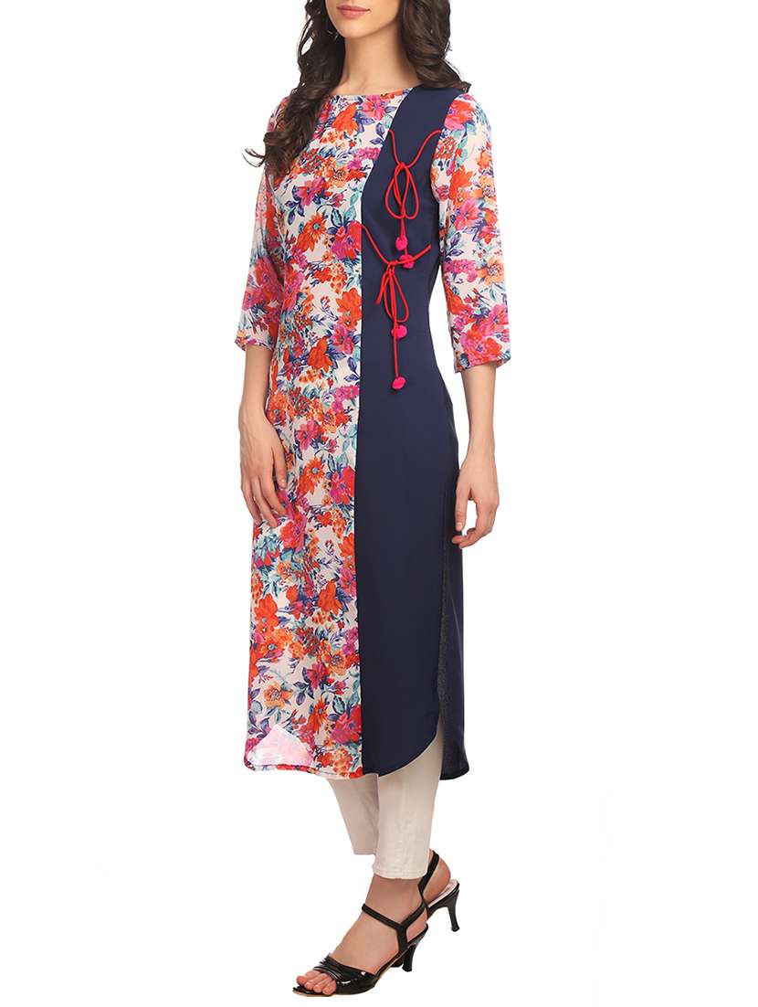 Buy online Pink Crepe Floral Printed Long Kurta from Kurta Kurtis for
