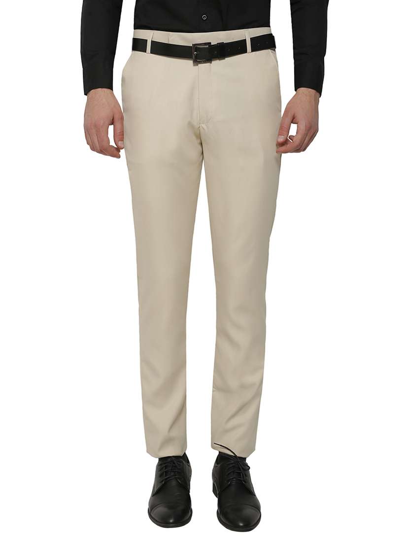 Beige Polyester Flat Front Trousers Formal
