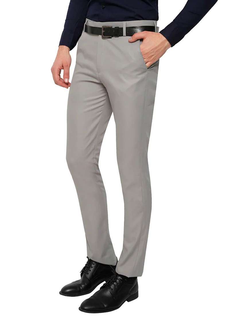 Grey Solid Flat Front Trousers Formal Trouser
