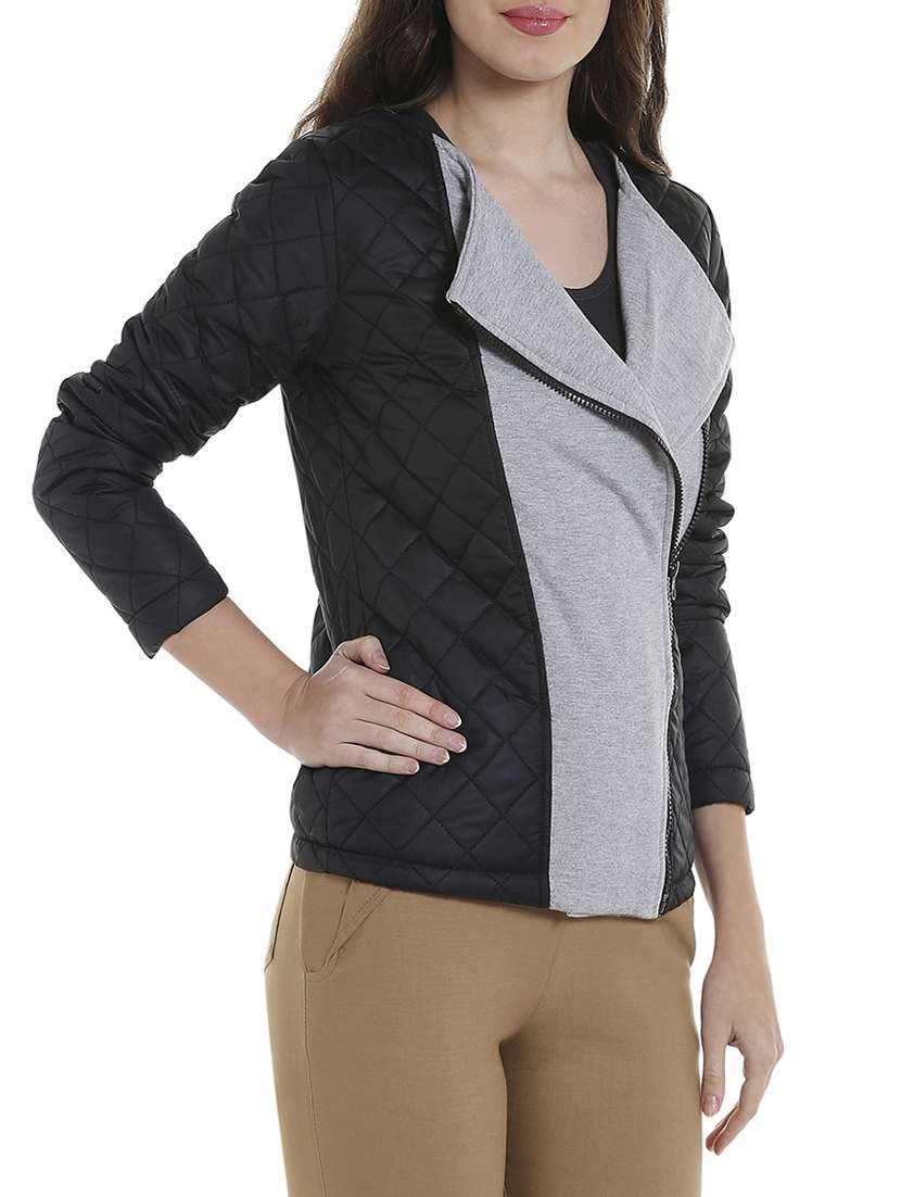 Buy online Black Cotton Quilted Jacket from jackets and blazers and