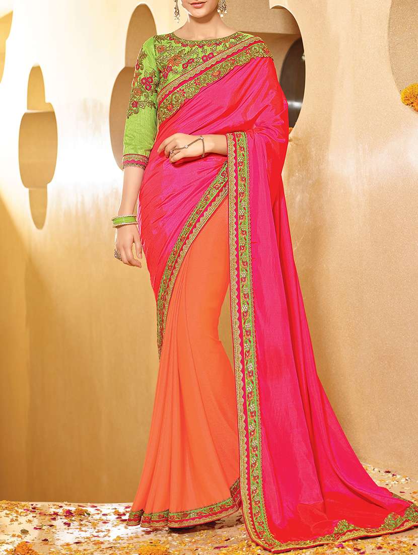 Pink & Orange Silk Half & Half Saree