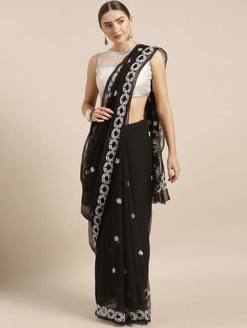 Black Georgette Saree With Chikankari Work With Blouse