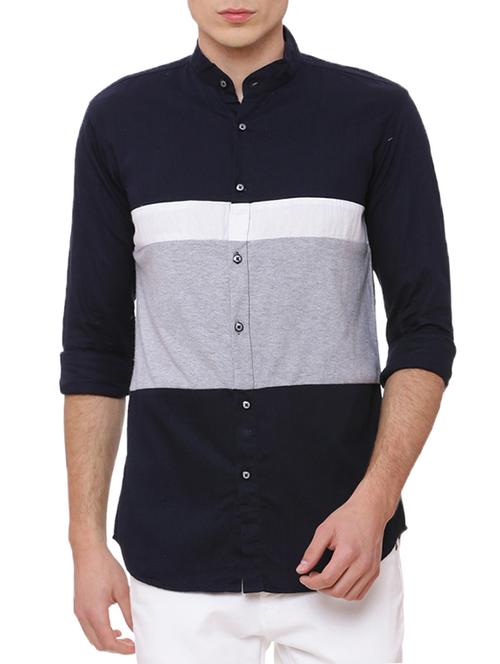 blue cotton color block casual shirt