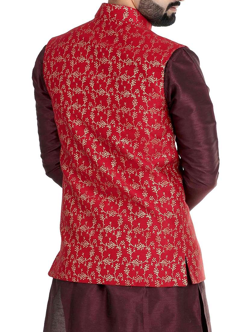 red silk blend nehru jacket