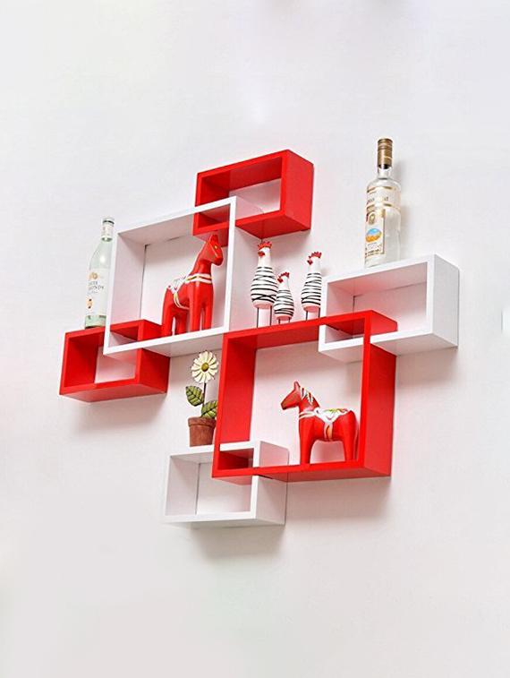 wooden intersecting storage wall shelves rack – red-white