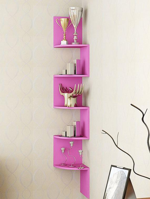 Royals Woods Home Decor Wall Shelf Zigzag Corner Mount Unit Pink 5 Shelves