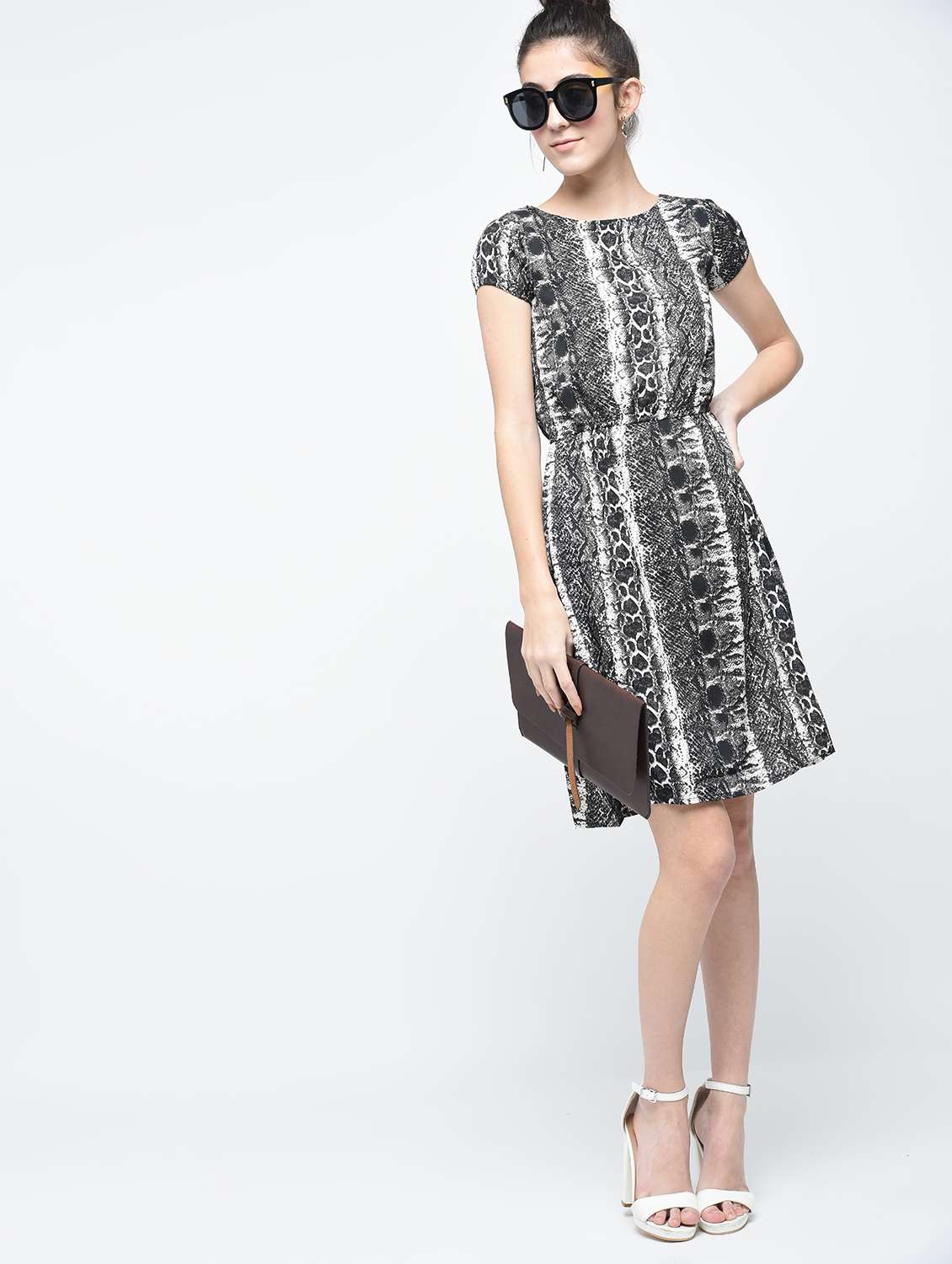 Black Georgette Snake Print Blouson Dress