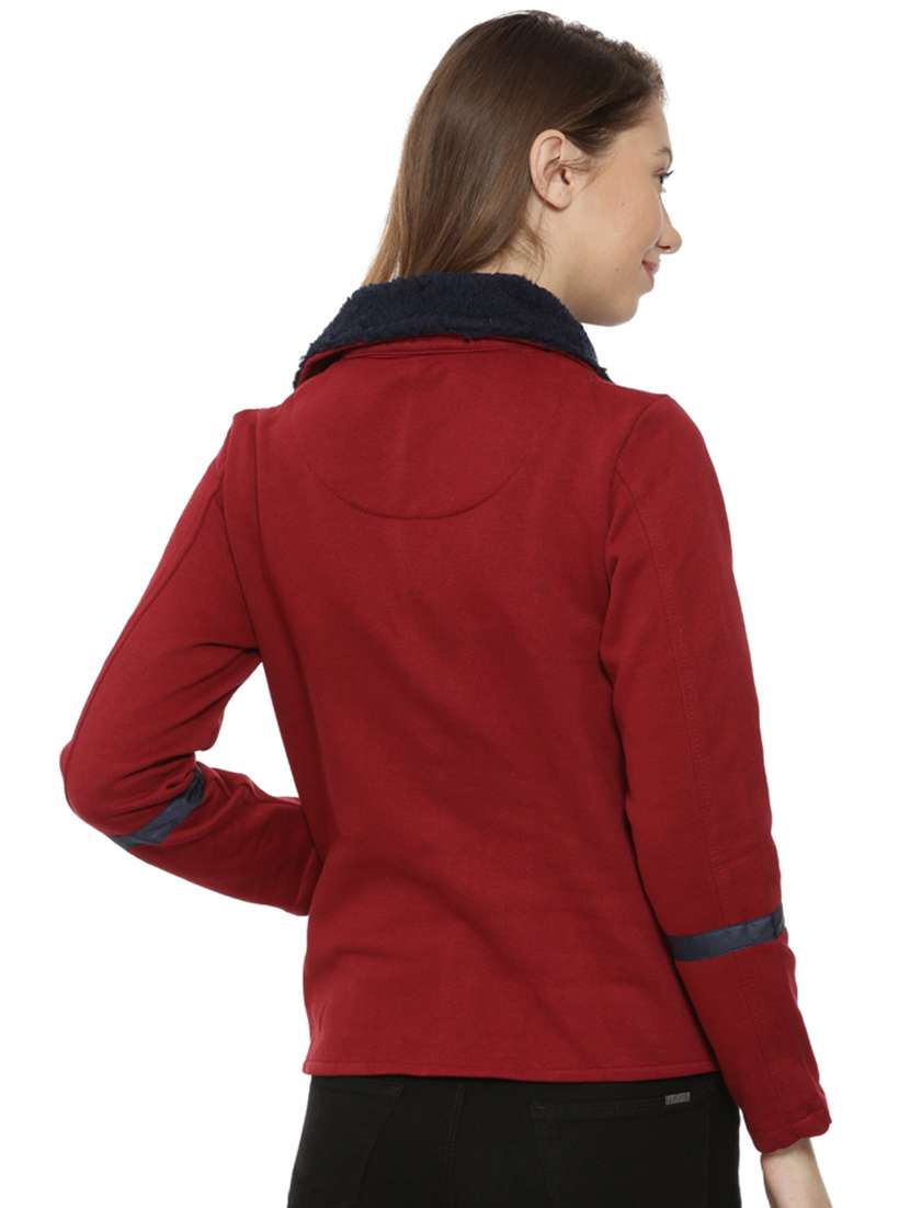 Terrycloth Detail Collar Zip Up Jacket