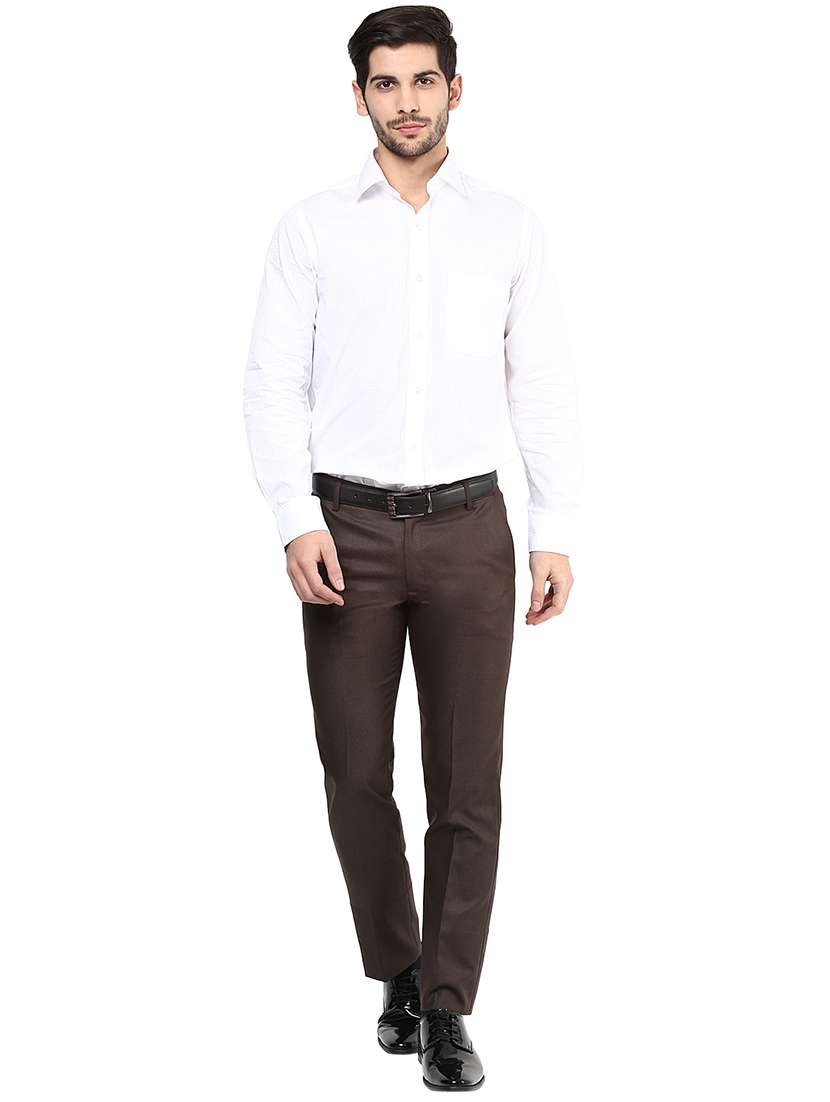 Brown Polyester Blend Flat Front Formal Trouser