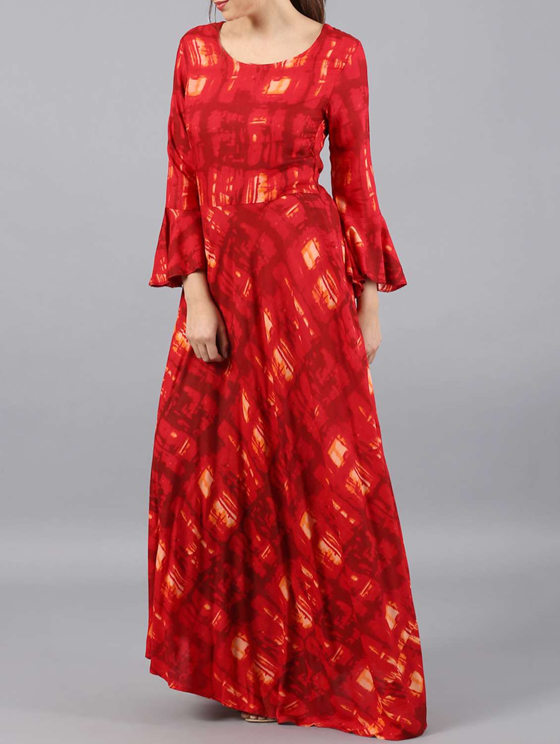 Buy online Bell Sleeves Flared Printed Kurta from Kurta Kurtis for
