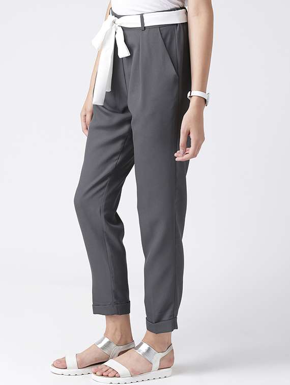 Contrast Waist Tie Pleated Trousers