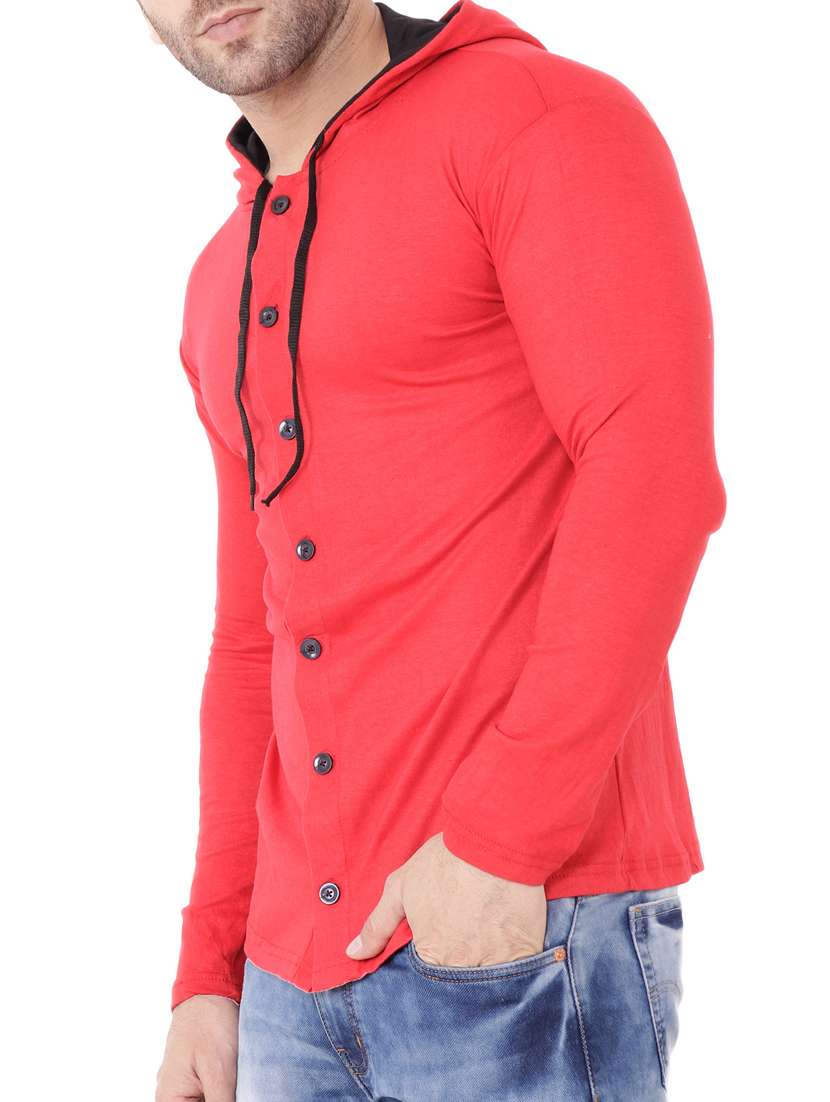 Buy online Red Cotton Hooded Tshirt from top wear for Men by Geum for