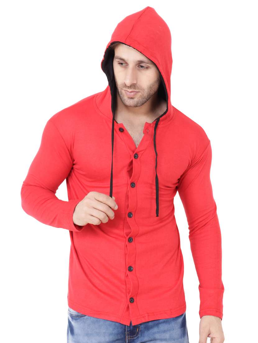 Buy online Red Cotton Hooded Tshirt from top wear for Men by Geum for