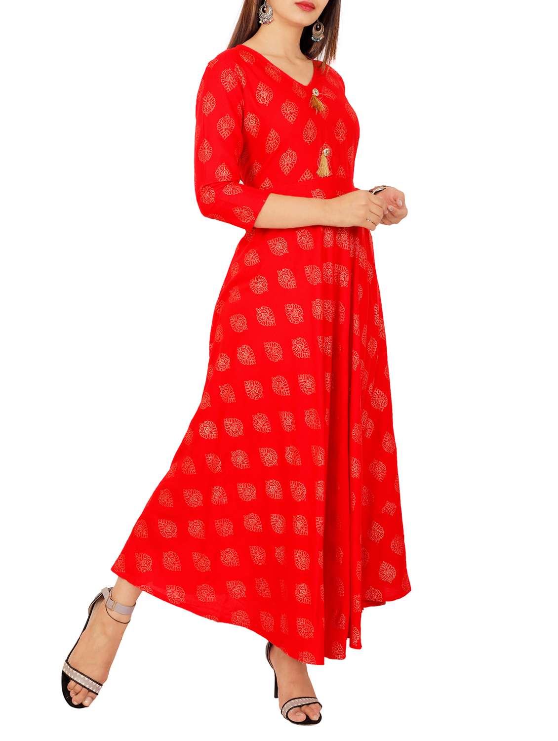 Buy online Foil Print Flare Kurta With Tassels from Kurta Kurtis for
