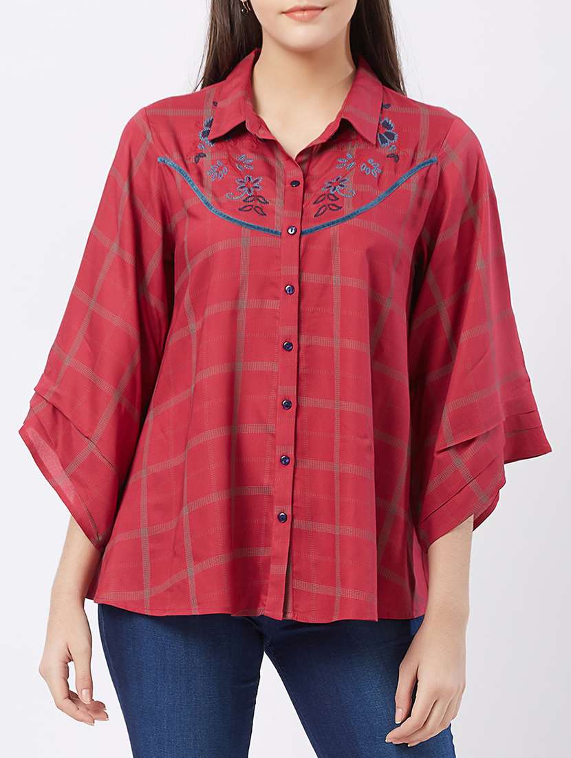 Embroidered Checkered Flared Sleeved Shirt
