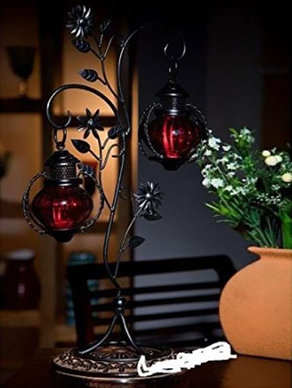Desi Karigar Attractive Glass With Metal Red Colored Leaf Design Candle Stand (11"X8"X22")