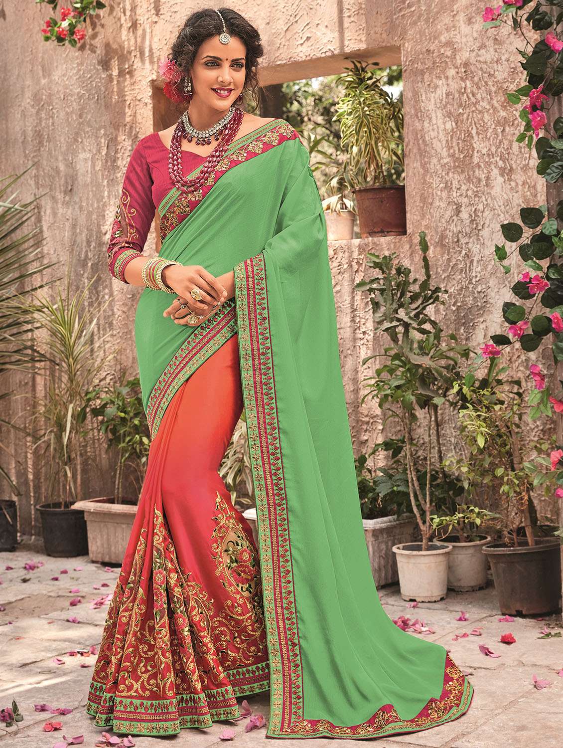 Floral Embroidered Green Half & Half Saree With Blouse