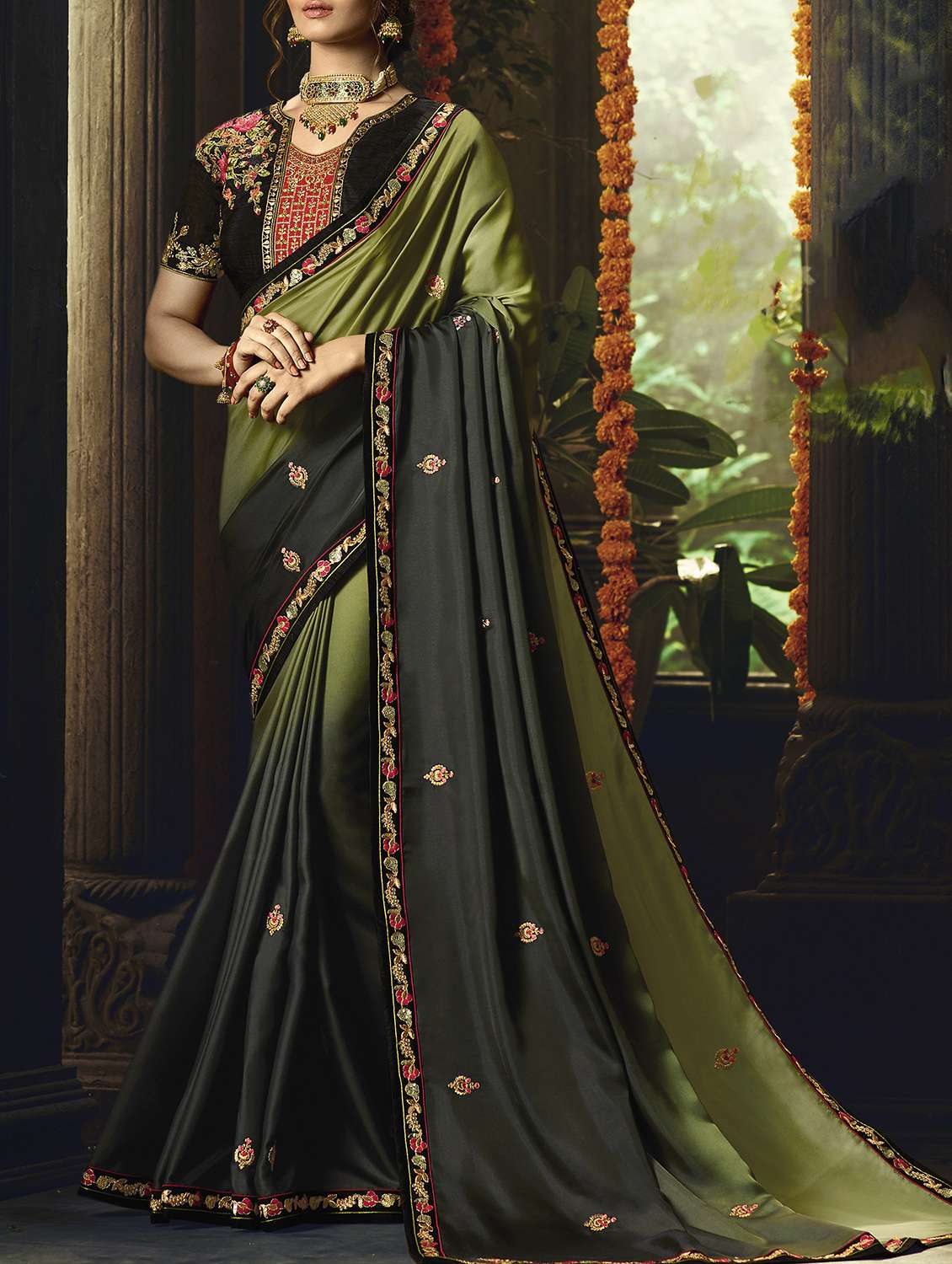 Ombre Embroidered Mehandi Saree With Blouse