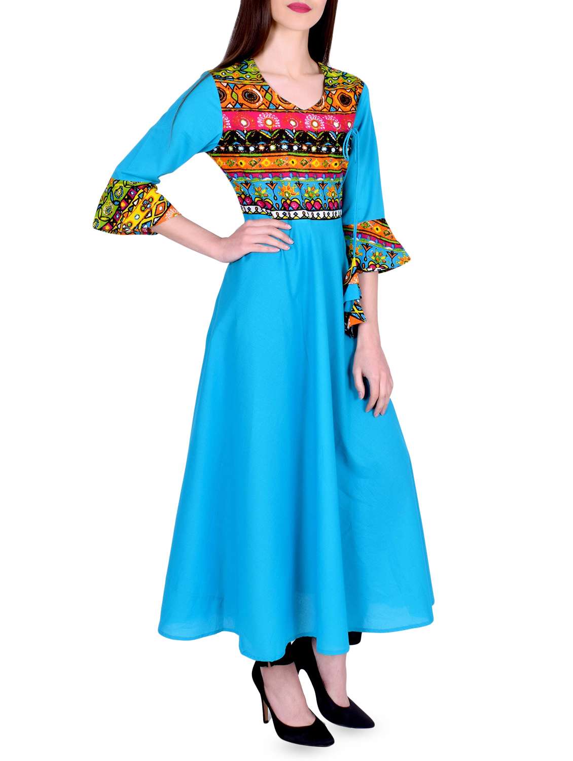 Buy online Printed Bell Sleeves Angrakha Kurta from Kurta Kurtis for