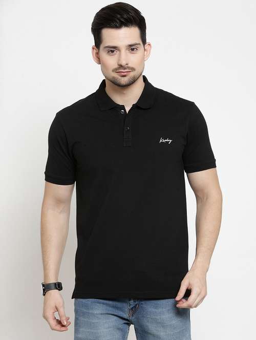 Buy online Black Solid Collared T-shirt 