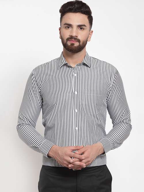 Men Light Grey & White Classic Striped Formal Shirt