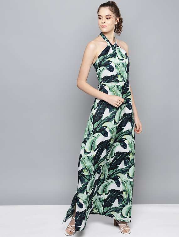 Halter Neck Tropical Print Maxi Dress