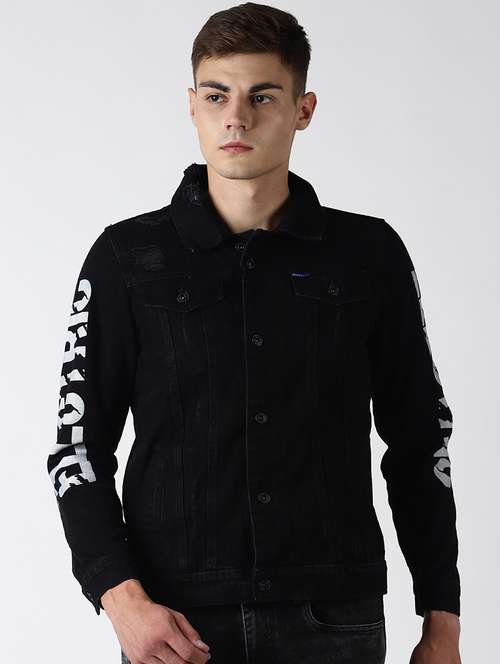 printed black denim jacket