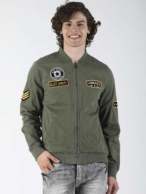 Buy online Green Patched Bomber Jacket 