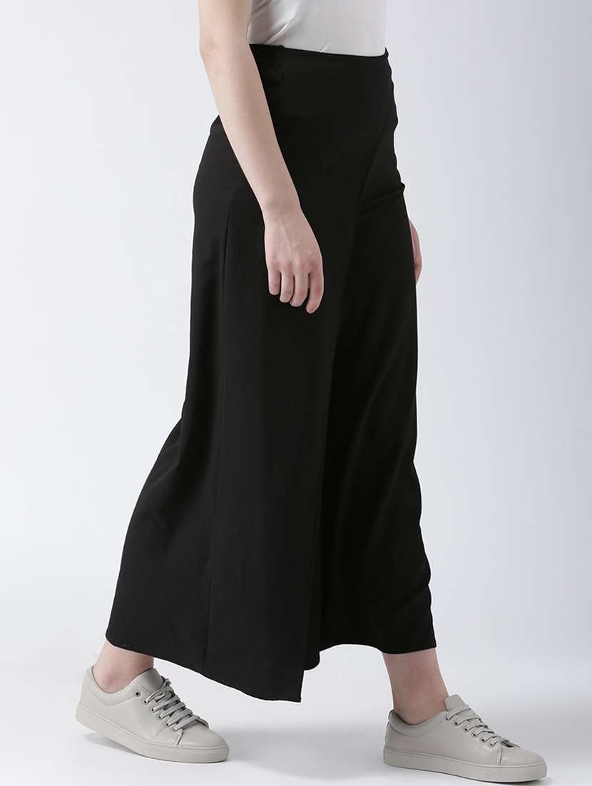 Solid Flat Front Wide Leg Overlap Trouser