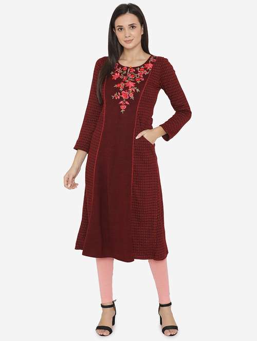 online Embroidered A-line Woolen Kurta 