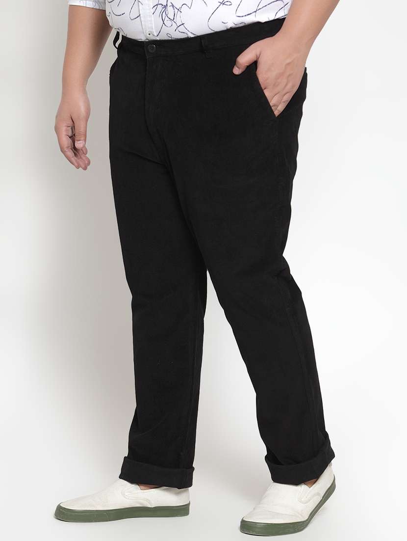 Black Solid Flat Front Casual Trouser (Plus Size)