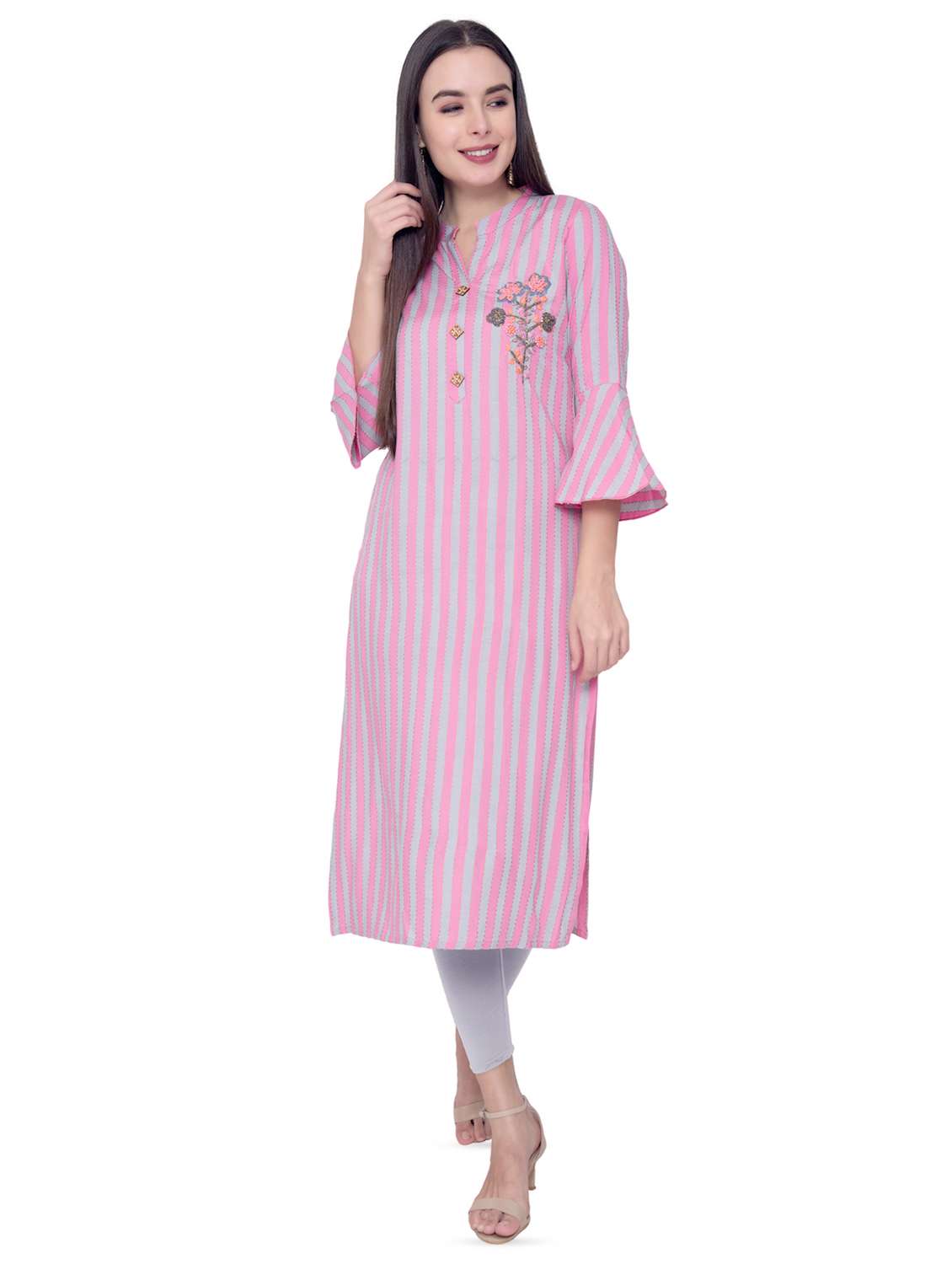 Buy online Bell Sleeves Straight Kurta from Kurta Kurtis for Women by