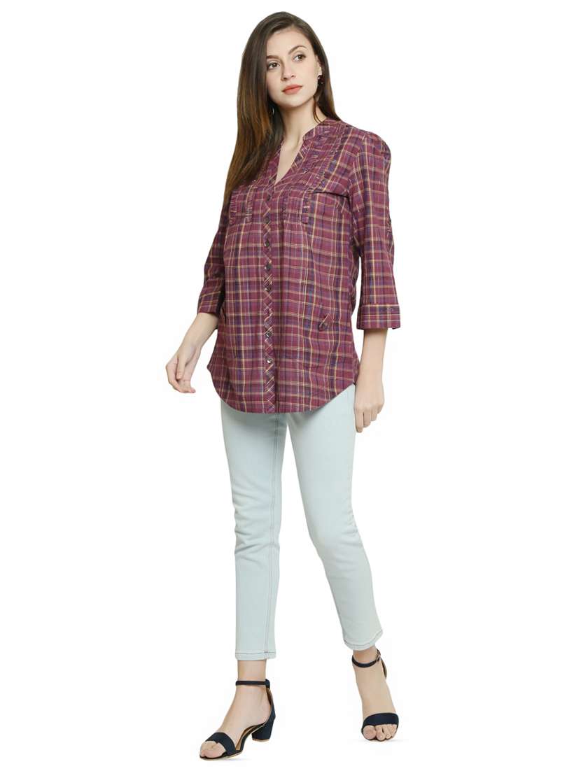Mandarin Neck Checkered Shirt 
