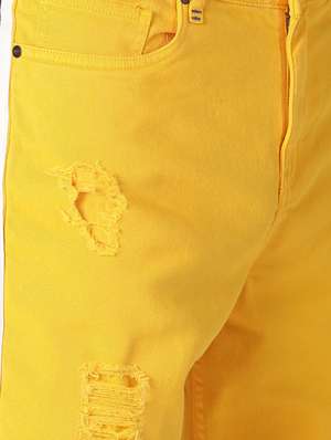 Yellow Side Striped Ripped Denim Shorts 