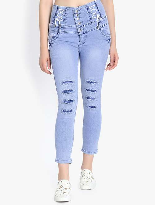 High Rise Lace-up Distressed Jeans 