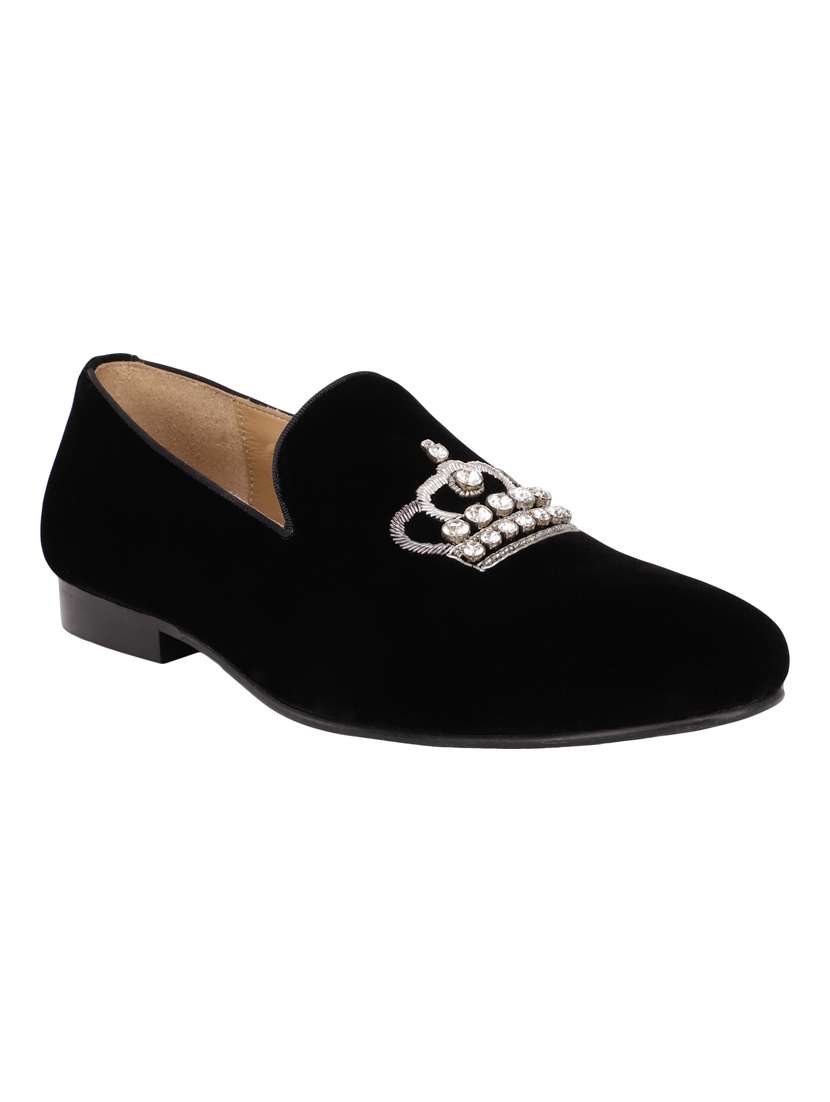 black embellished slip on moccasin
